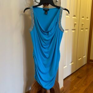 White House Black Market Blue Cowl Neck Beaded Sleeveless Top